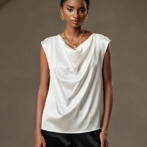 SilkSilky US 19Momme Silk Blend Sleeveless Cowl Neck Women's T Shirt White 001