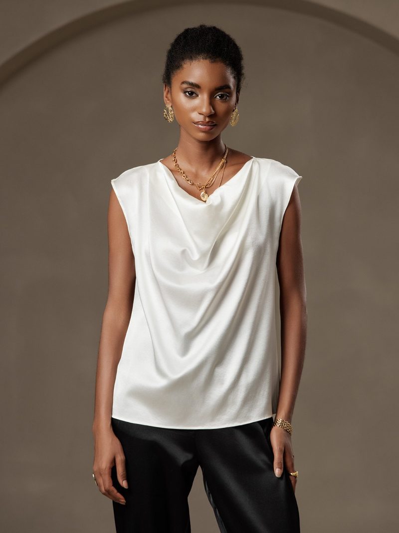 SilkSilky US 19Momme Silk Blend Sleeveless Cowl Neck Women's T Shirt White 001