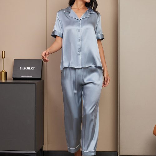 SilkSilky  Pure Silk Short Sleeve Lapel Women's Pajamas SteelBlue 001