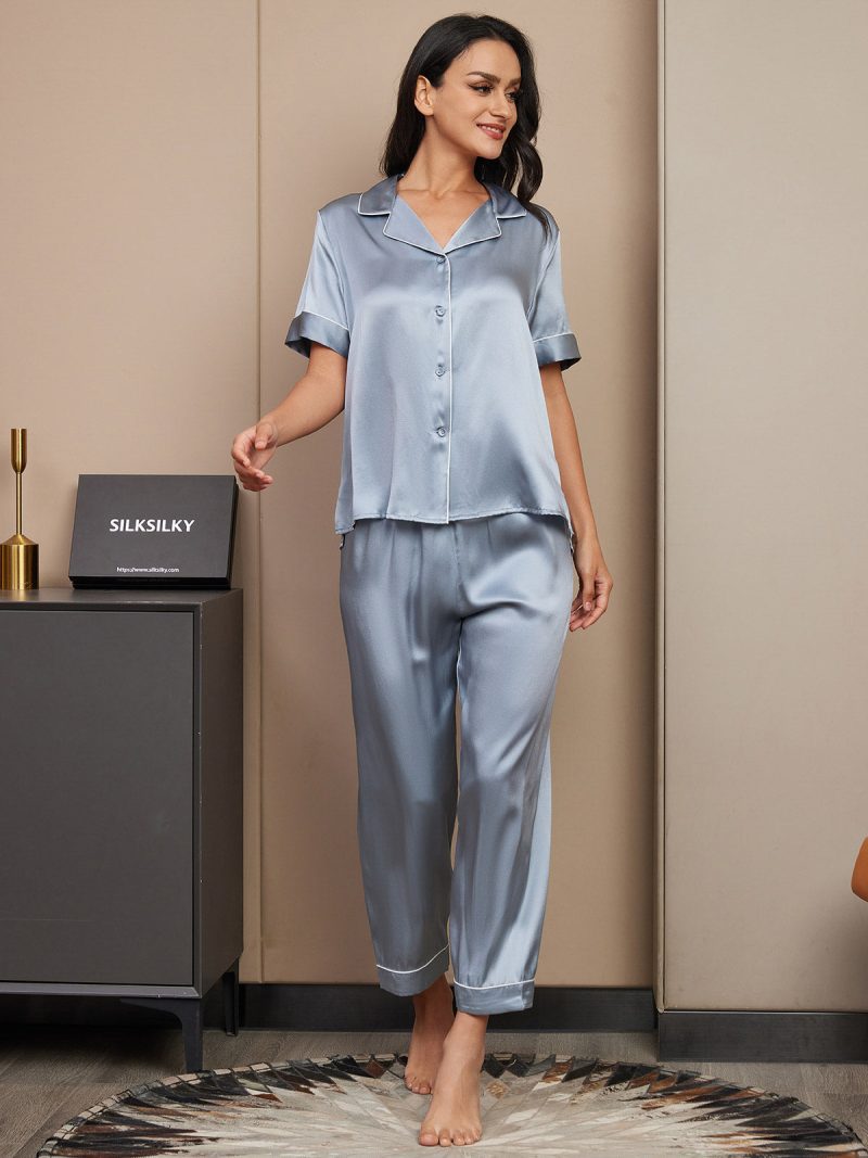 SilkSilky  Pure Silk Short Sleeve Lapel Women's Pajamas SteelBlue 001