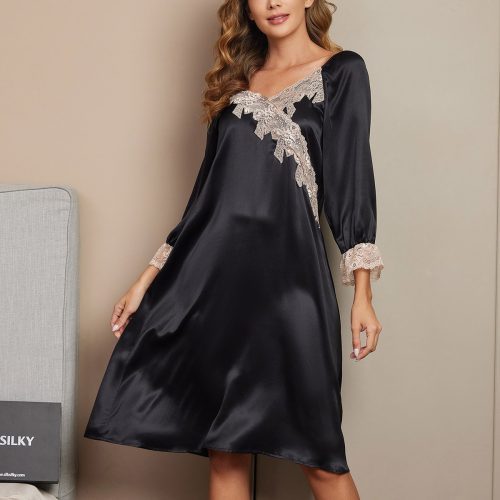 SilkSilky US Pure Silk Long Sleeve Nightgown Black 001