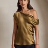 SilkSilky US 19Momme Silk Blend Sleeveless One Shoulder Women's T Shirt Brown 001