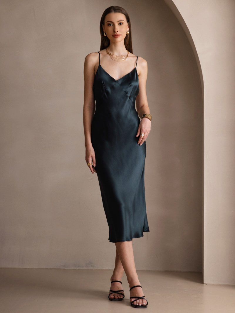 SilkSilky US 19Momme Pure Silk Sleeveless V Neck Dress DarkGreen 001