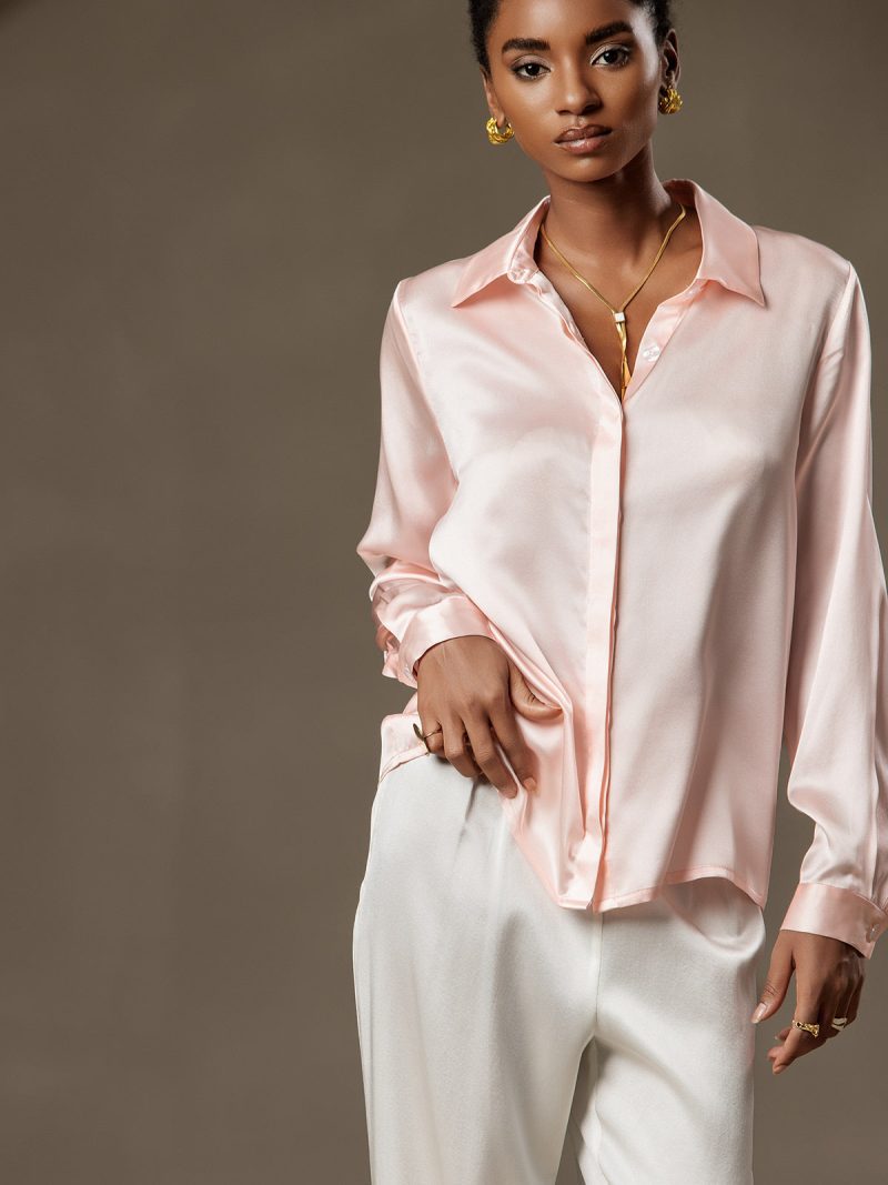 SilkSilky US 19Momme Silk Blend Long Sleeve Collar Women's Shirt Pink 001