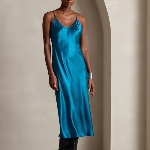 SilkSilky  Pure Silk Sleeveless Round Neck Dress Teal 001