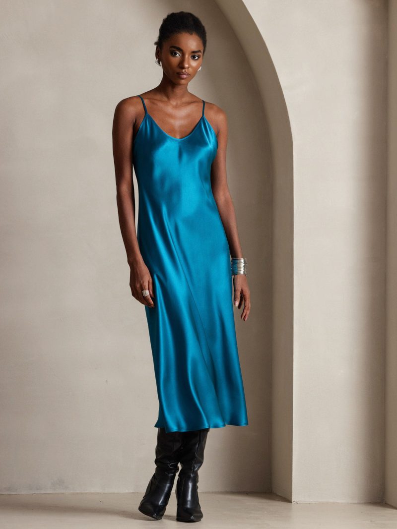 SilkSilky  Pure Silk Sleeveless Round Neck Dress Teal 001